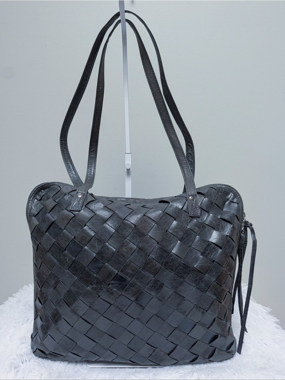 Latico USA GreyGenuine Leather Woven Tote Bag